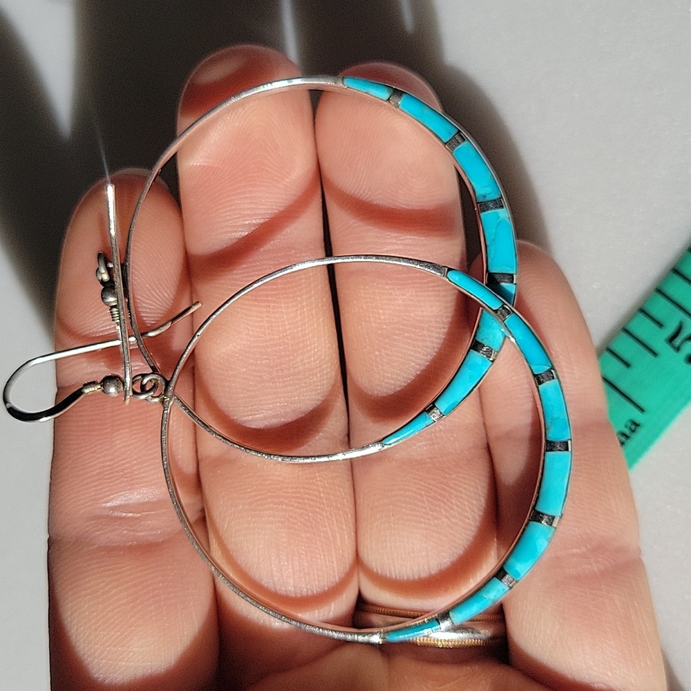 Handmade Sterling Silver Turquoise Large Hoops